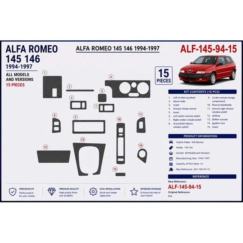 Alfa Romeo 145 146 1994-1997 kit décor tableau de bord 3D, 15 pièces