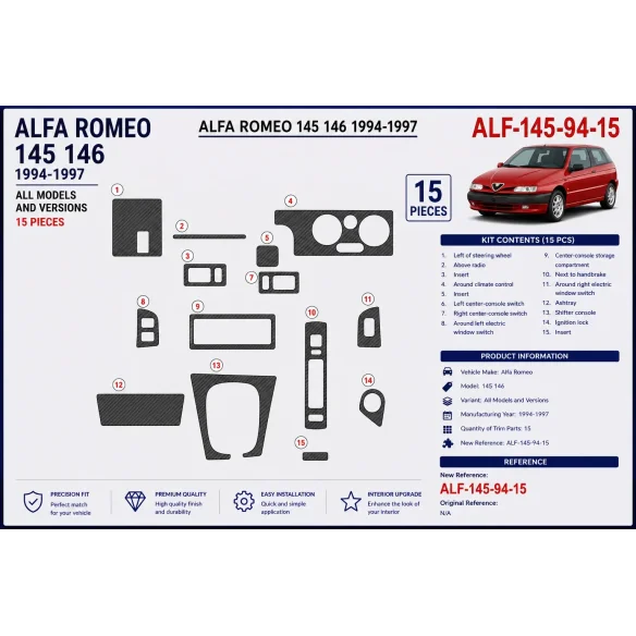 Alfa Romeo 145 146 1994-1997 3D dashboard sierlijstset, 15 delen