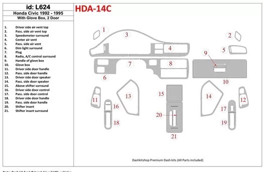 Honda Civic 1992-1995 4 Des portes, Avec lueur-boîte BD Kit la décoration du tableau de bord - 1 - habillage decor de tableau de