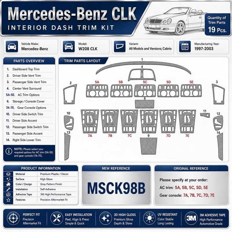 Mercedes Benz W208 CLK-Cabrio 1997-2003 3D dashboard sierlijstset, 19 delen
