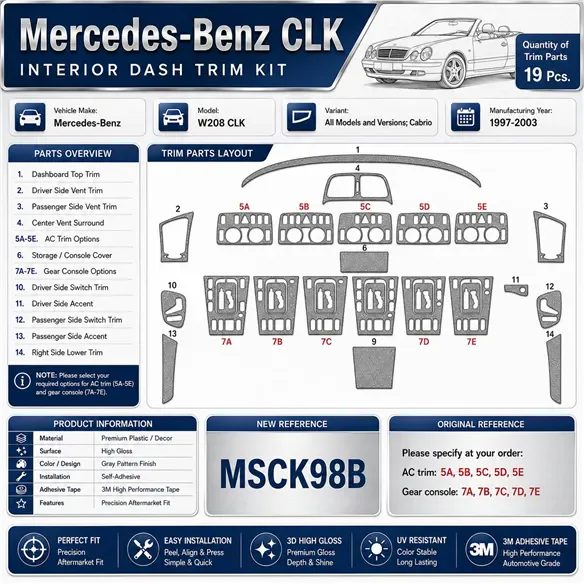Mercedes Benz W208 CLK-Cabrio 1997-2003 3D Armaturenbrett-Dekor-Set, 19 Teile