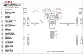 Lexus RX 400H 2006-UP Full Set, Automatic Gear, With Navigation Mascherine sagomate per rivestimento cruscotti 