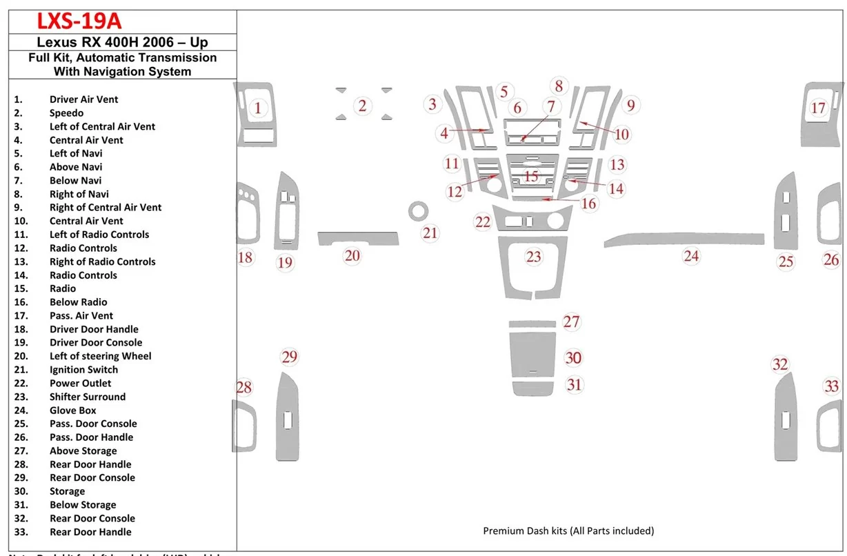 Lexus RX 400H 2006-UP Ensemble Complet, Automatic Gear, With Navigation BD Décoration de tableau de bord