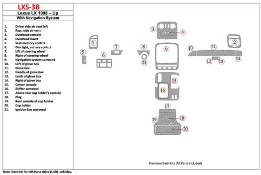 Lexus LX-470 1998-UP With NAVI system, 22 Parts set OEM Compliance Interior BD Dash Trim Kit