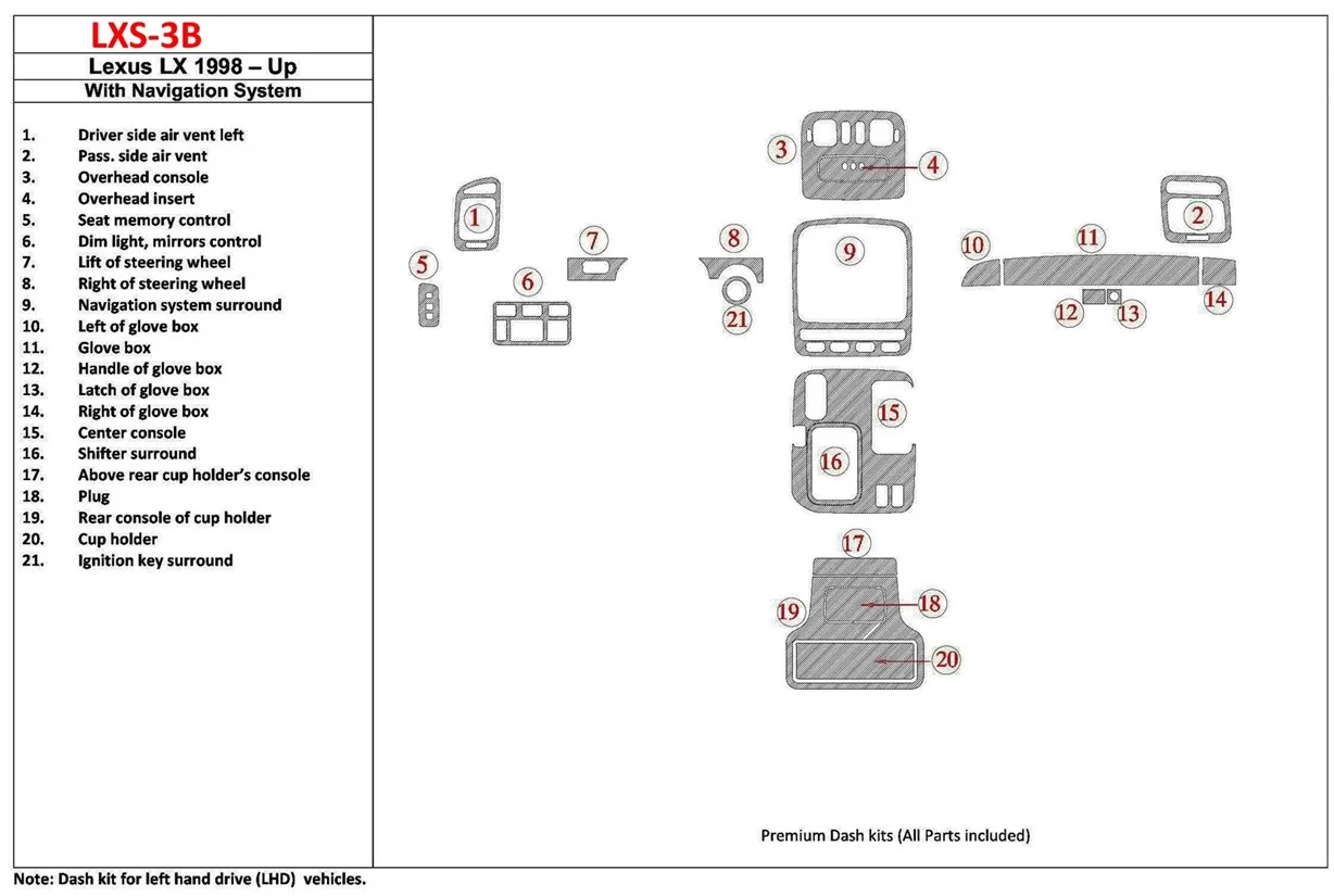 Lexus LX-470 1998-UP With NAVI system, 22 Parts set OEM Compliance BD Décoration de tableau de bord