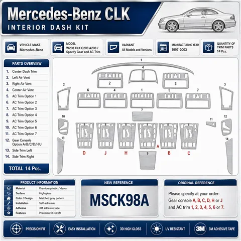 Mercedes Benz W208 CLK C208A208 1997-2003 3D dashboard sierlijstset, 14 delen