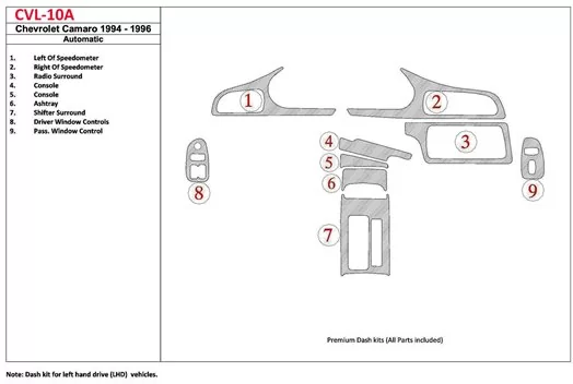 Chevrolet Camaro 1994-1996 Automatic Gearbox, 9 Parts set BD Interieur Dashboard Bekleding Volhouder