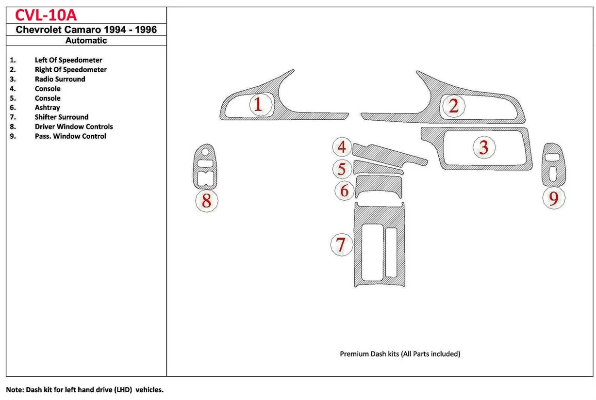 Chevrolet Camaro 1994-1996 Automatic Gearbox, 9 Parts set BD Décoration de tableau de bord