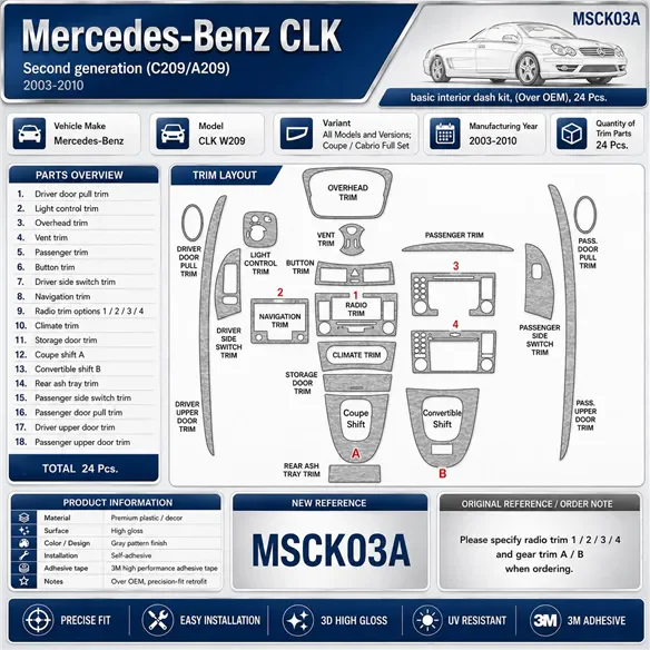 Mercedes Benz CLK W209 2003-2010 Coupe Carbio complete set 24pcs 3D dashboard sierlijstset