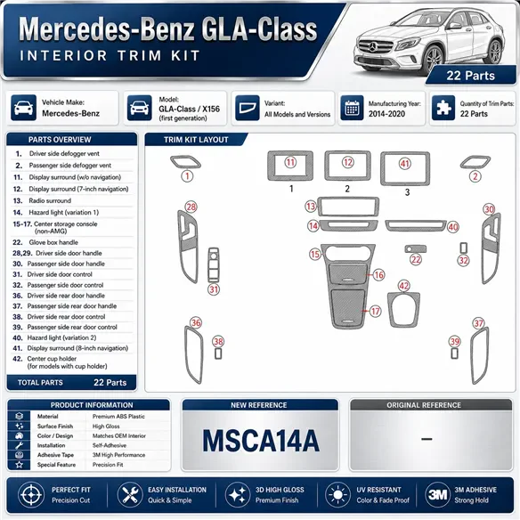 Mercedes-Benz GLA-Class 2014-2020 3D dashboard trim kit, 22 parts