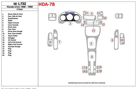 Honda Civic 1996-1998 2 Doors, Full Set, 20 Parts set Cruscotto BD Rivestimenti interni