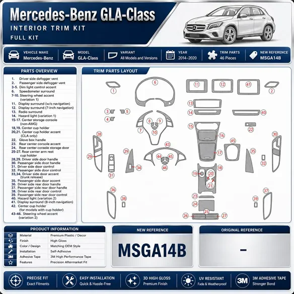 Mercedes-Benz GLA-Class 2014-2020 3D dashboard trim kit, 46 parts