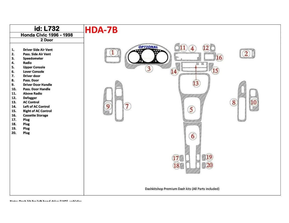 Honda Civic 1996-1998 2 Doors, Full Set, 20 Parts set BD Interieur Dashboard Bekleding Volhouder