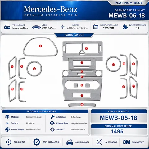 Mercedes W245 B-Class 2005-2011 3D dashboard trim kit, 18 parts