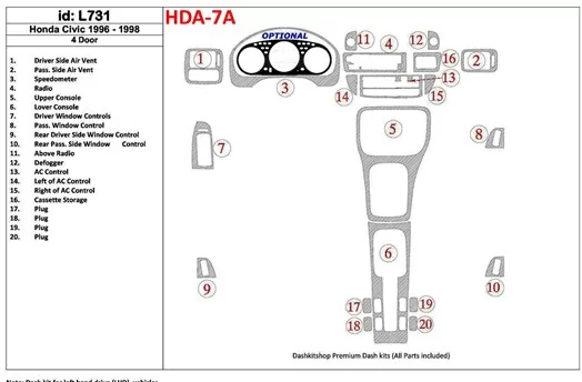 Honda Civic 1996-1998 4 Doors, Full Set, 20 Parts set Decor de carlinga su interior