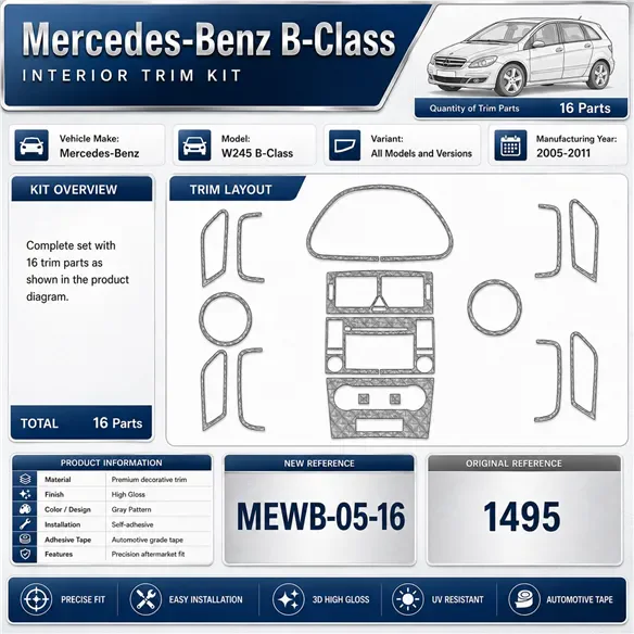 Mercedes W245 B-Class 2005-2011 3D dashboard sierlijstset, 16 delen