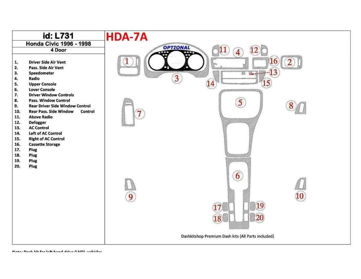 Honda Civic 1996-1998 4 Doors, Full Set, 20 Parts set Interior BD Dash Trim Kit