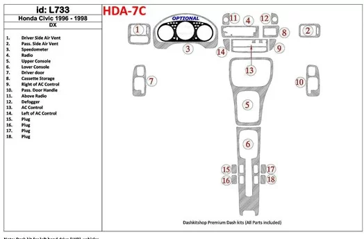 Honda Civic 1996-1998 DX, 18 Parts set BD Interieur Dashboard Bekleding Volhouder
