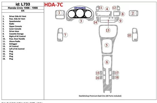 Honda Civic 1996-1998 DX, 18 Parts set Interior BD Dash Trim Kit