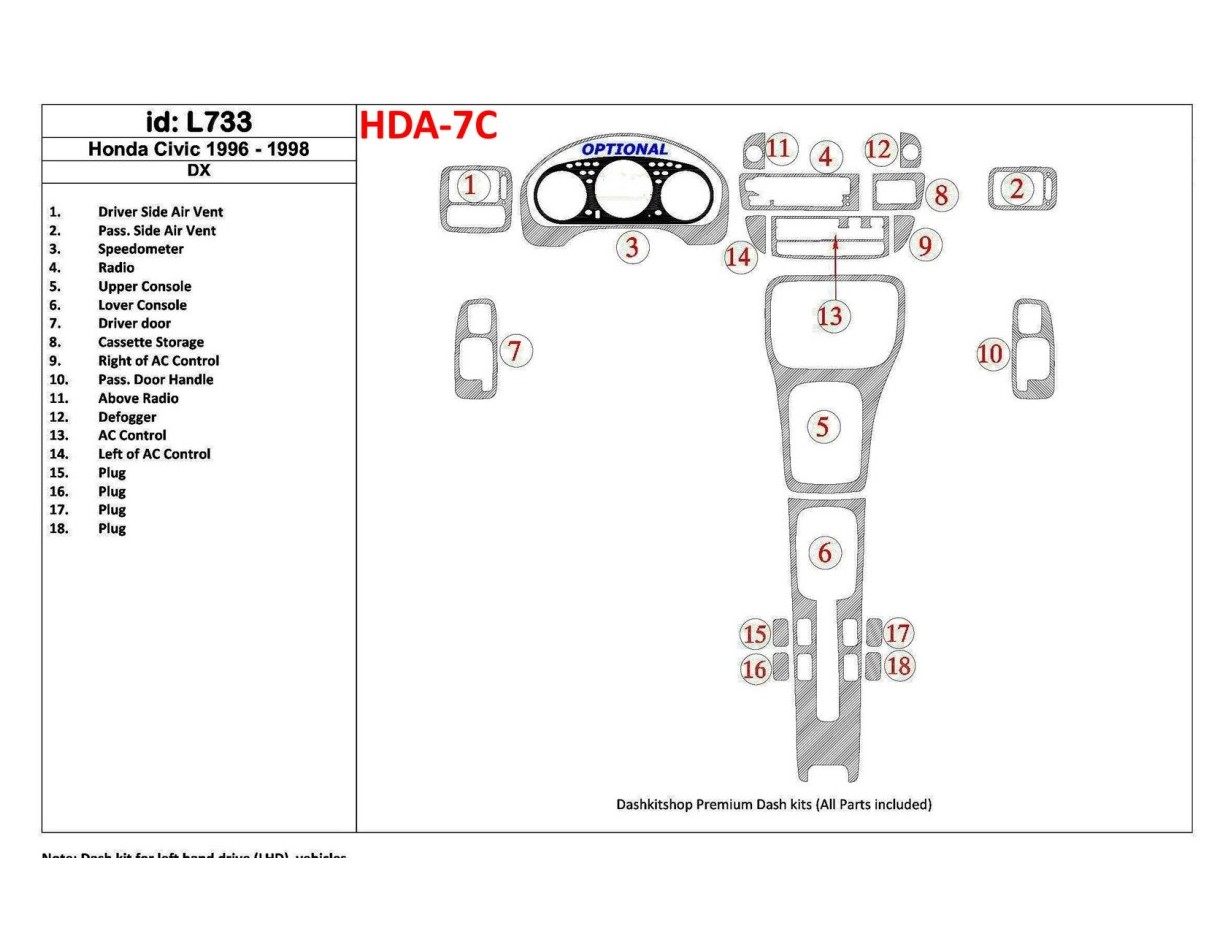 Honda Civic 1996-1998 DX, 18 Parts set BD innenausstattung armaturendekor cockpit dekor - 1- Cockpit Dekor Innenraum