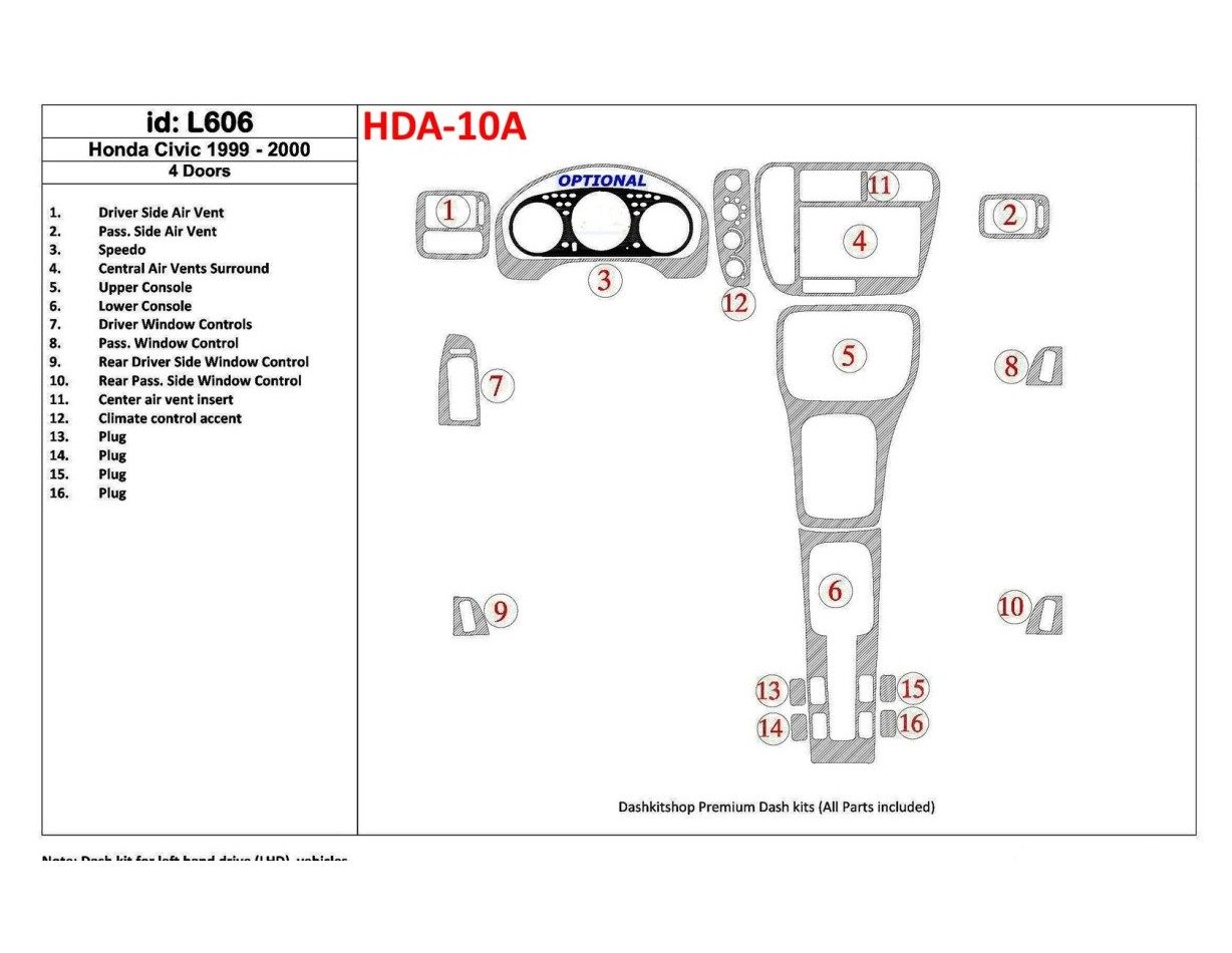 Honda Civic 1999-2000 4 Doors 16 Parts set Cruscotto BD Rivestimenti interni