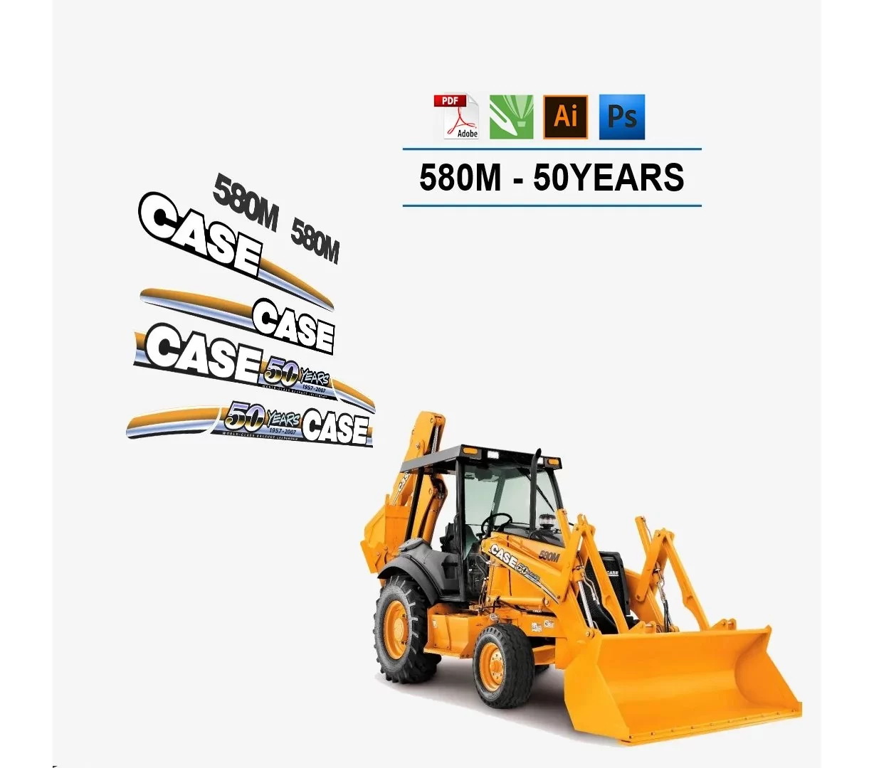 Case 580M 50 Years Retroexcavadora Archivos Vectoriales para Impresión y Corte Case 580M 50 Years Retroexcavadora Archivos Vectoriales para Impresión y Corte
