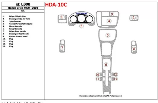 Honda Civic 1999-2000 DX, 13 Parts set BD innenausstattung armaturendekor cockpit dekor