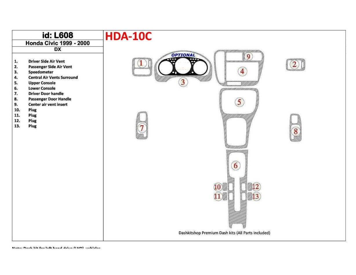 Honda Civic 1999-2000 DX, 13 Parts set BD Interieur Dashboard Bekleding Volhouder