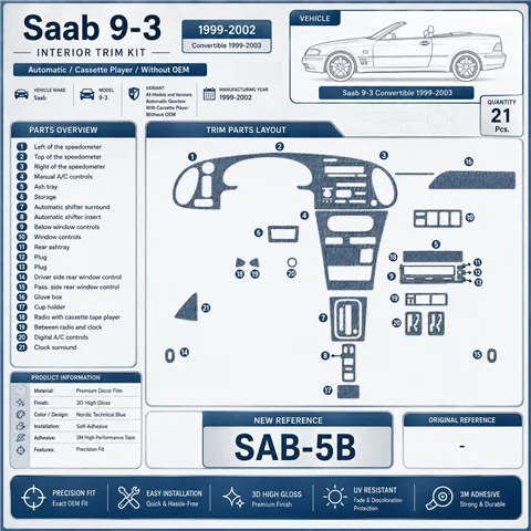 Saab 9-3 1999-2002 Auto Gear, With Compact Casette player, Without OEM, 21 Parts set Interior Dashboard Trim Kit Dash Trim Dekor