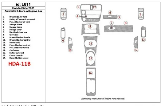 Honda Civic 2001-2001 Automatic Gearbox, 2 Doors, with glowe-box, 17 Parts set Decor de carlinga su interior