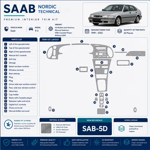 Saab 9-3 1999-2002 boîte manuelle, avec Compact Casette player, No OEM 20 pièces kit décoration intérieure tableau de bord