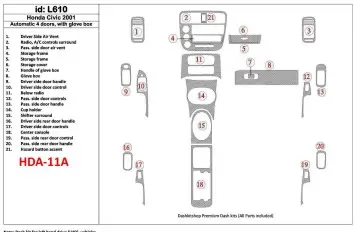 Honda Civic 2001-2001 Automatic Gearbox, 4 Doors, with glowe-box, 21 Parts set Interior BD Dash Trim Kit