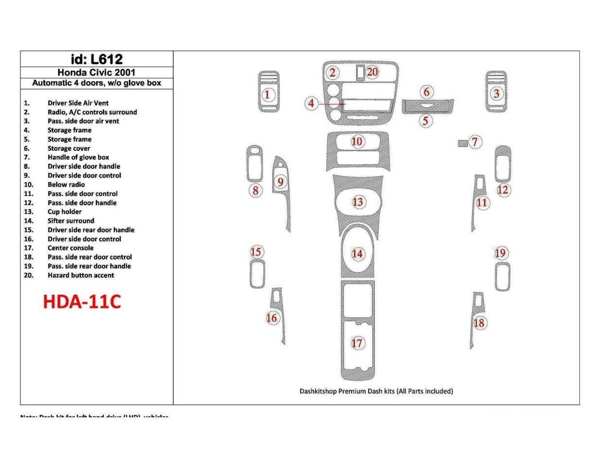 Honda Civic 2001-2001 Automatic Gearbox, 4 Doors, Without glowe-box, 20 Parts set BD Interieur Dashboard Bekleding Volhouder