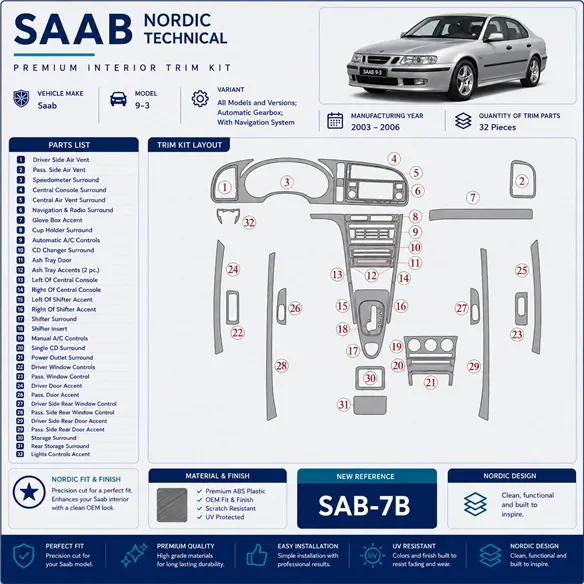 Saab 9-3 2003-2006 3D Cockpit Dekor Interieurleisten Set As shown in product diagram-teilig
