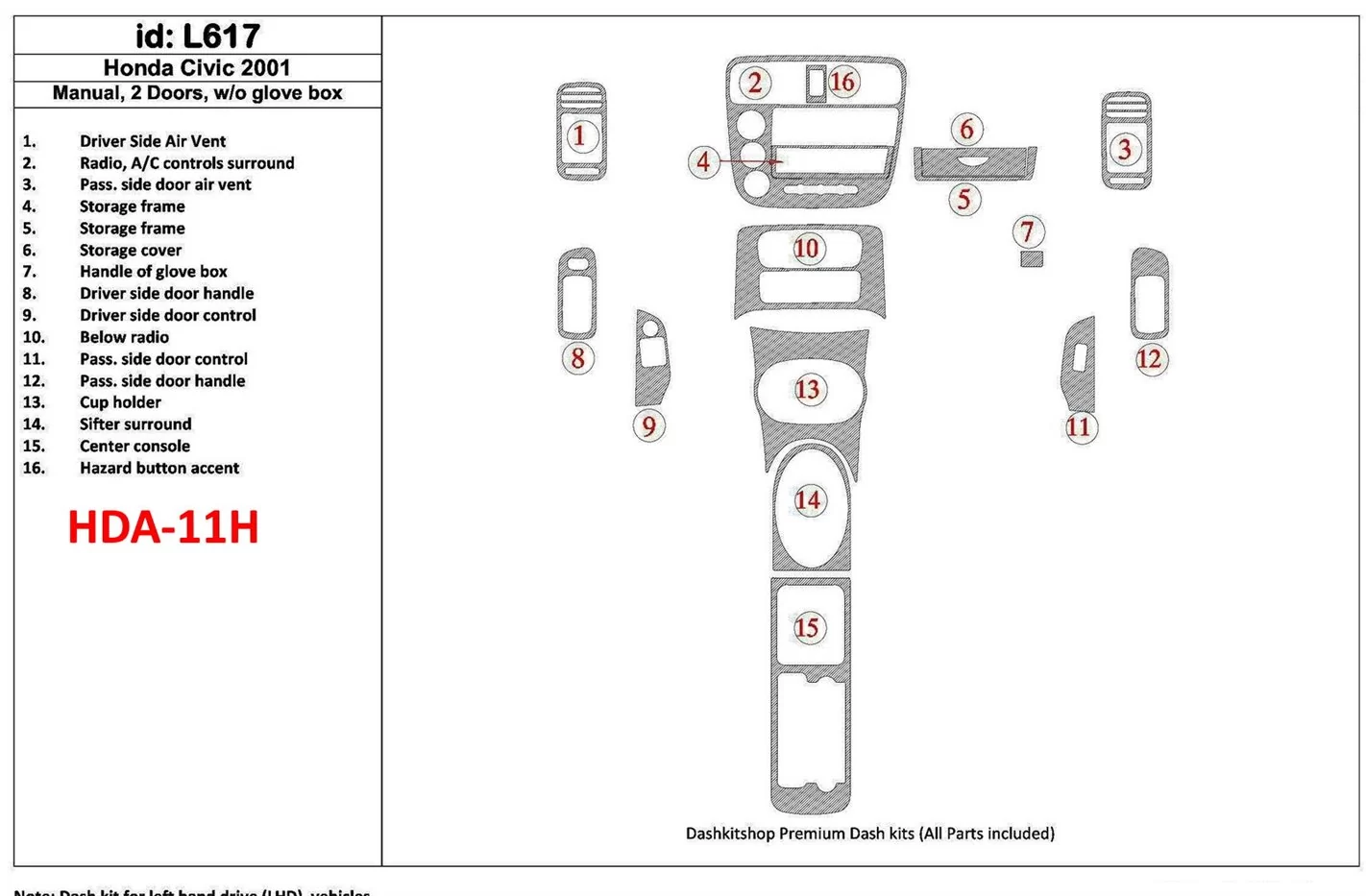 Honda Civic 2001-2001 Manual Gearbox, 2 Doors, Without glowe-box, 16 Parts set Decor de carlinga su interior