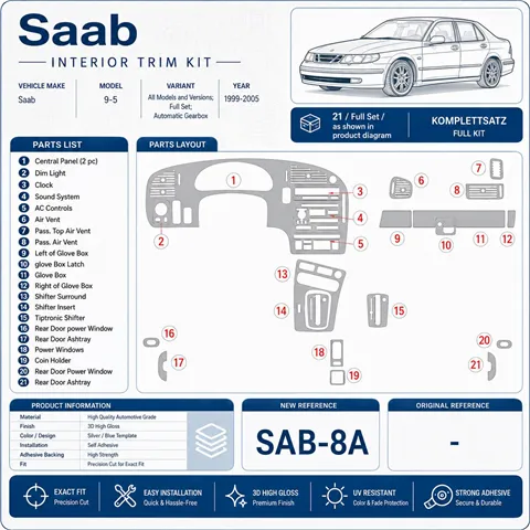 Saab 9-5 1999-2005 juego completo, Automatic Gear kit de molduras interiores para salpicadero 2