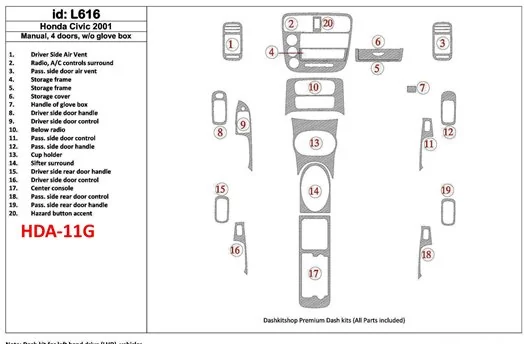 Honda Civic 2001-2001 Manual Gearbox, 4 Doors, Without glowe-box, 20 Parts set Interior BD Dash Trim Kit
