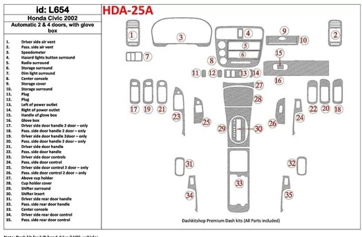 Honda Civic 2002-2002 Automatic Gearbox, 2 or 4 Doors, with glowe-box, 35 Parts set BD Interieur Dashboard Bekleding Volhouder