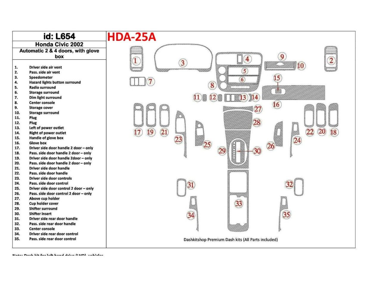 Honda Civic 2002-2002 Automatic Gearbox, 2 or 4 Doors, with glowe-box, 35 Parts set Decor de carlinga su interior
