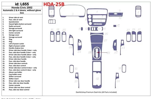 Honda Civic 2002-2002 Automatic Gearbox, 2 or 4 Doors, Without glowe-box, 34 Parts set Decor de carlinga su interior