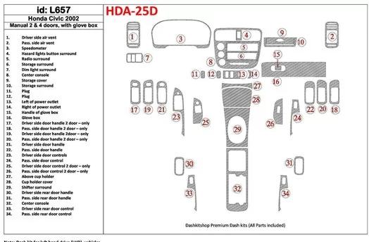 Honda Civic 2002-2002 Manual Gearbox, 2 or 4 Doors, with glowe-box, 35 Parts set BD innenausstattung armaturendekor cockpit deko