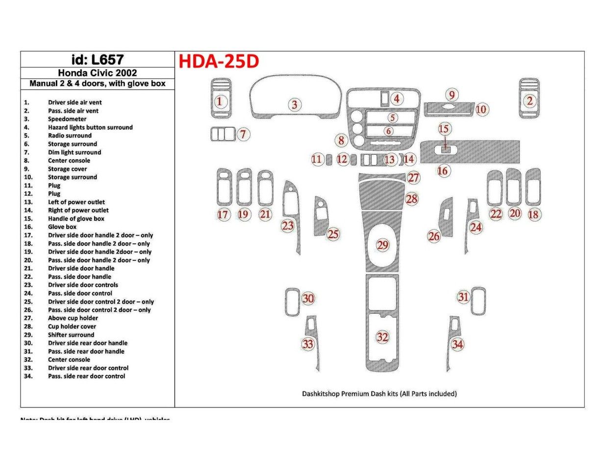 Honda Civic 2002-2002 Manual Gearbox, 2 or 4 Doors, with glowe-box, 35 Parts set BD Interieur Dashboard Bekleding Volhouder