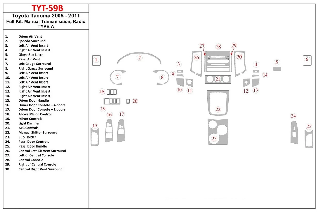 Toyota Tacoma 2005-UP Full Set, Manual Gear Box, Radio TYPE A Mascherine sagomate per rivestimento cruscotti 