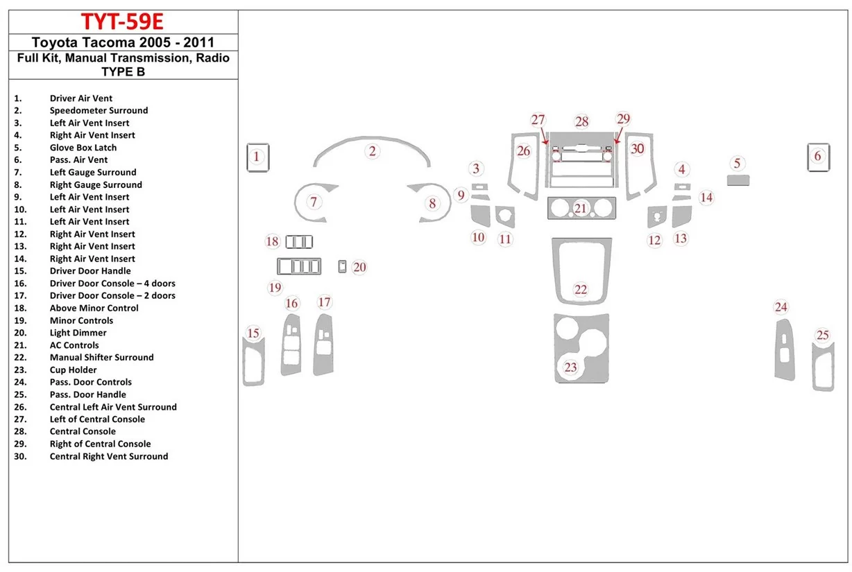 Toyota Tacoma 2005-UP Full Set, Manual Gear Box, Radio TYPE B BD Interieur Dashboard Bekleding Volhouder Toyota Tacoma 2005-UP Full Set, Manual Gear Box, Radio TYPE B BD Interieur Dashboard Bekleding Volhouder