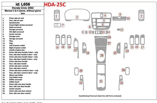 Honda Civic 2002-2002 Manual Gearbox, 2 or 4 Doors, Without glowe-box, 34 Parts set BD Décoration de tableau de bord