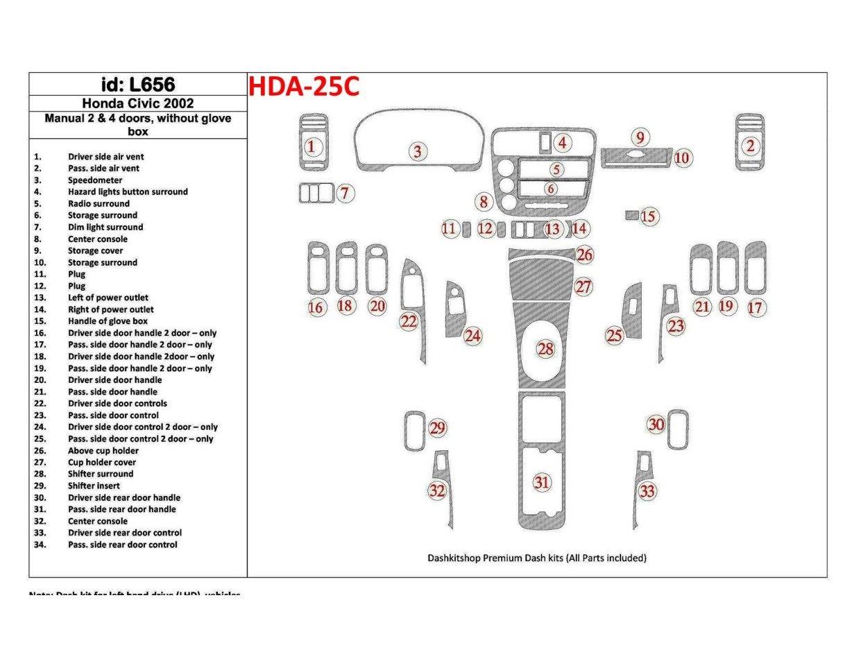 Honda Civic 2002-2002 Manual Gearbox, 2 or 4 Doors, Without glowe-box, 34 Parts set BD Interieur Dashboard Bekleding Volhouder