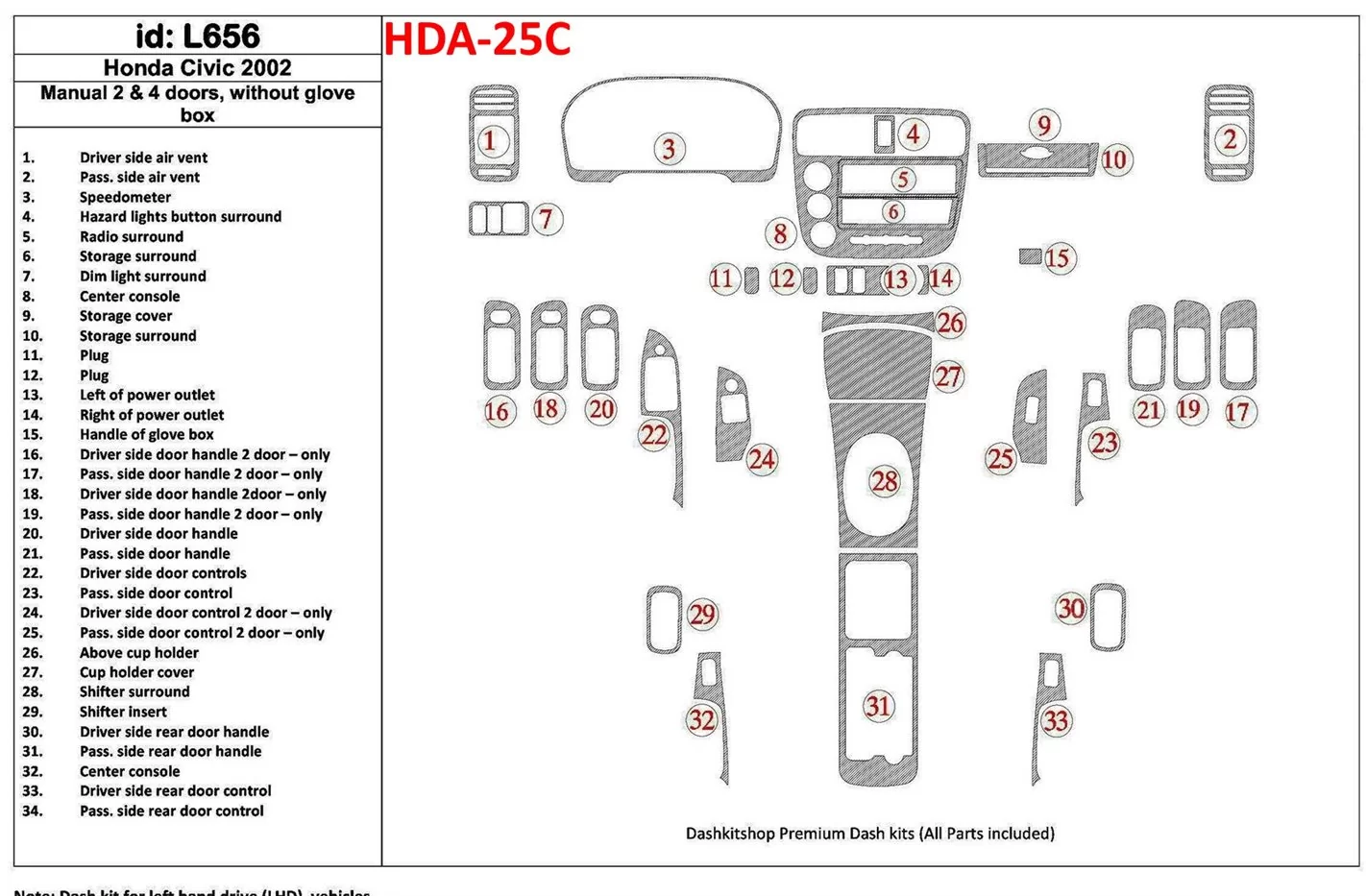 Honda Civic 2002-2002 Manual Gearbox, 2 or 4 Doors, Without glowe-box, 34 Parts set Interior BD Dash Trim Kit