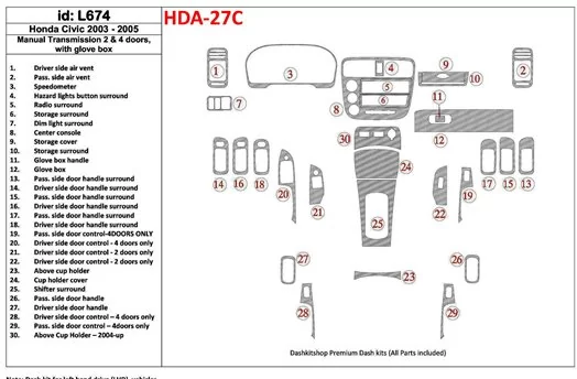 Honda Civic 2003-2005 Manual Gear Box, 2 or 4 Doors, with glowe-box BD Interieur Dashboard Bekleding Volhouder