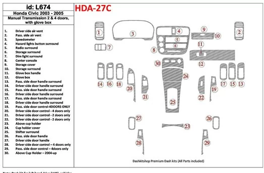 Honda Civic 2003-2005 Manual Gear Box, 2 or 4 Doors, with glowe-box Decor de carlinga su interior