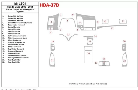 Honda Civic 2006-2011 2 Doors, With NAVI system Decor de carlinga su interior